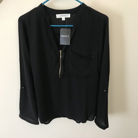 NEW Forever 21 F21 Black V neck long sleeve Blouse Size large  L - Picture 1 of 7